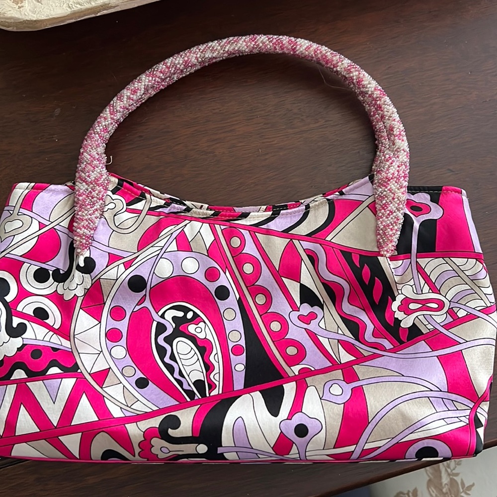 Pink, beaded handle shoulder bag